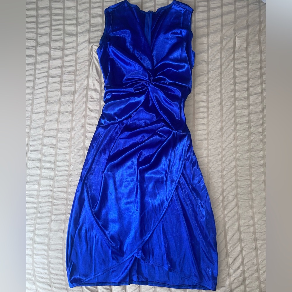 New Amazon Blue Satin Midi Formal Sleeveless V-Neck Dress